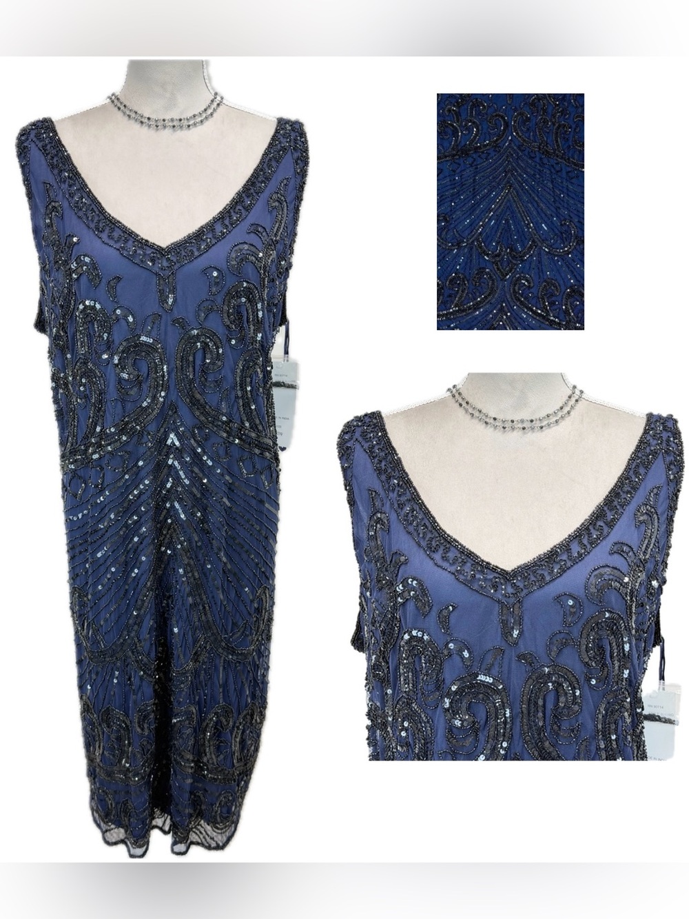 Pisarro Nights Beaded Sequin Cocktail Dress 22W Navy Blue Art Deco Goth Glam NWT